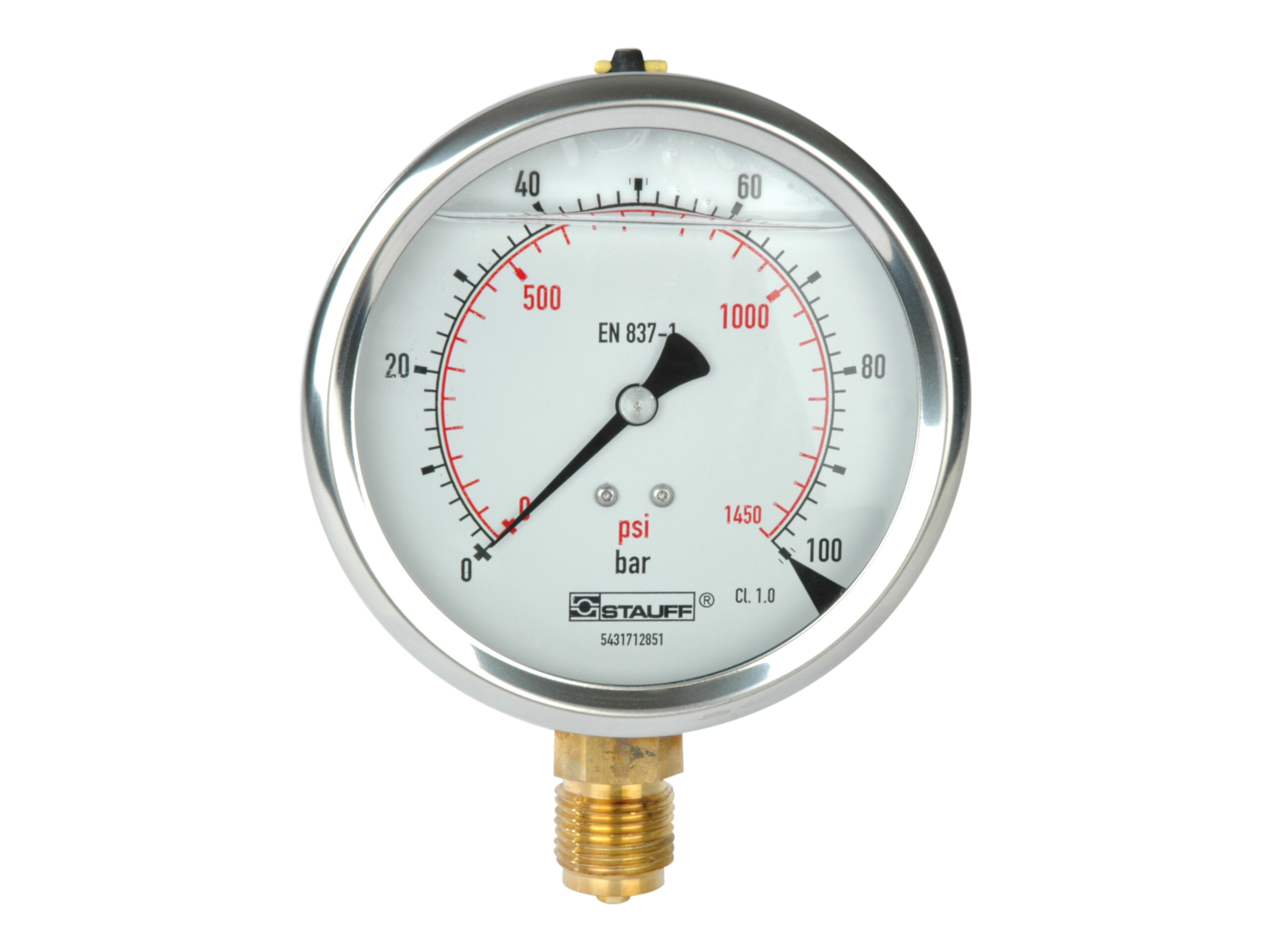 1/2" manometer. Studs ned. Skala 0-100 bar