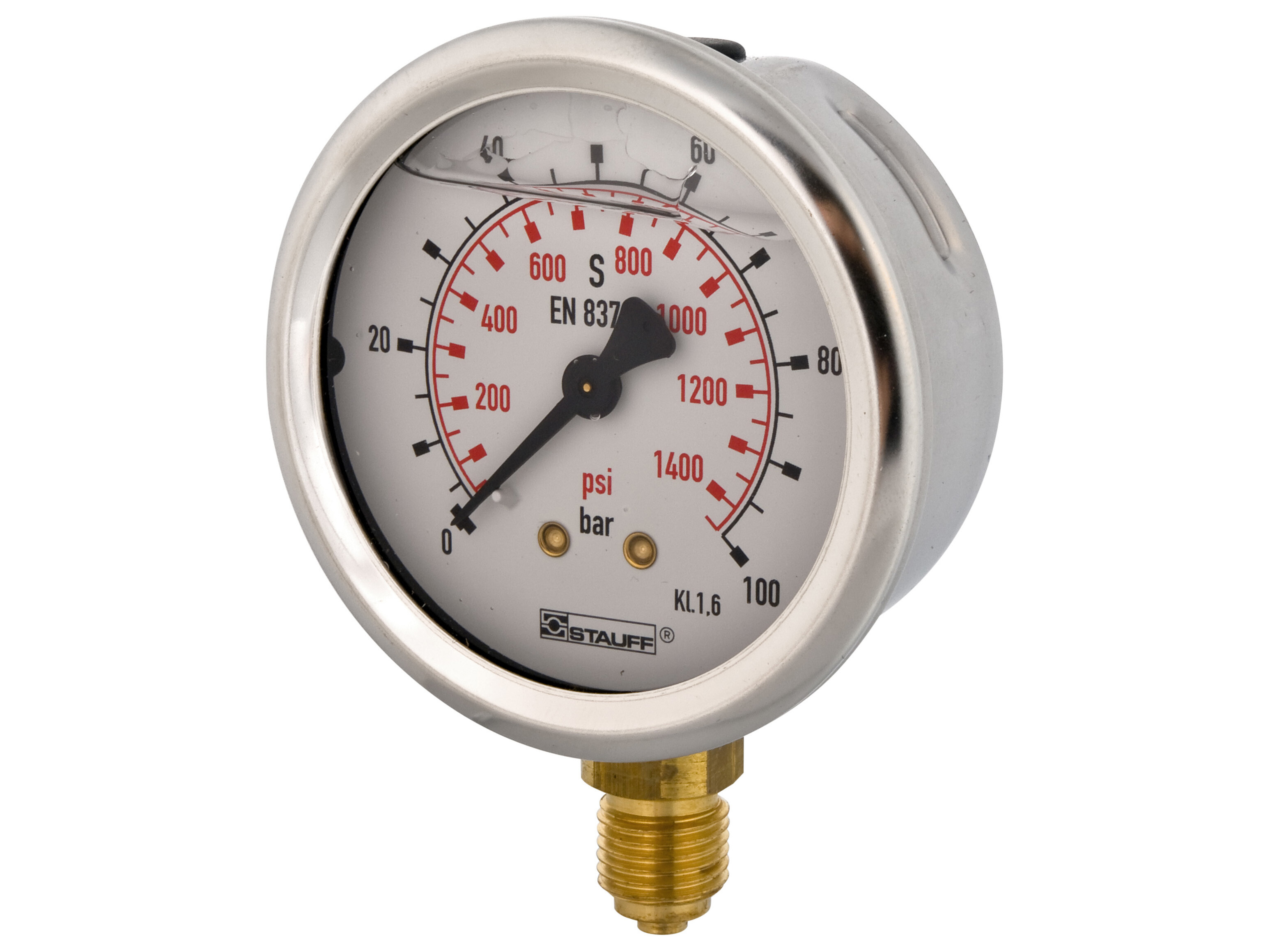 1/4" manometer. Studs ned. Skala 0-100 bar