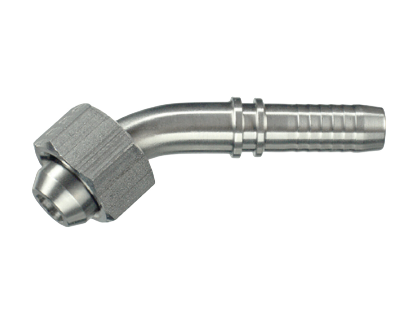 BSP union nut, 60° cone face, 45° elbow stainless