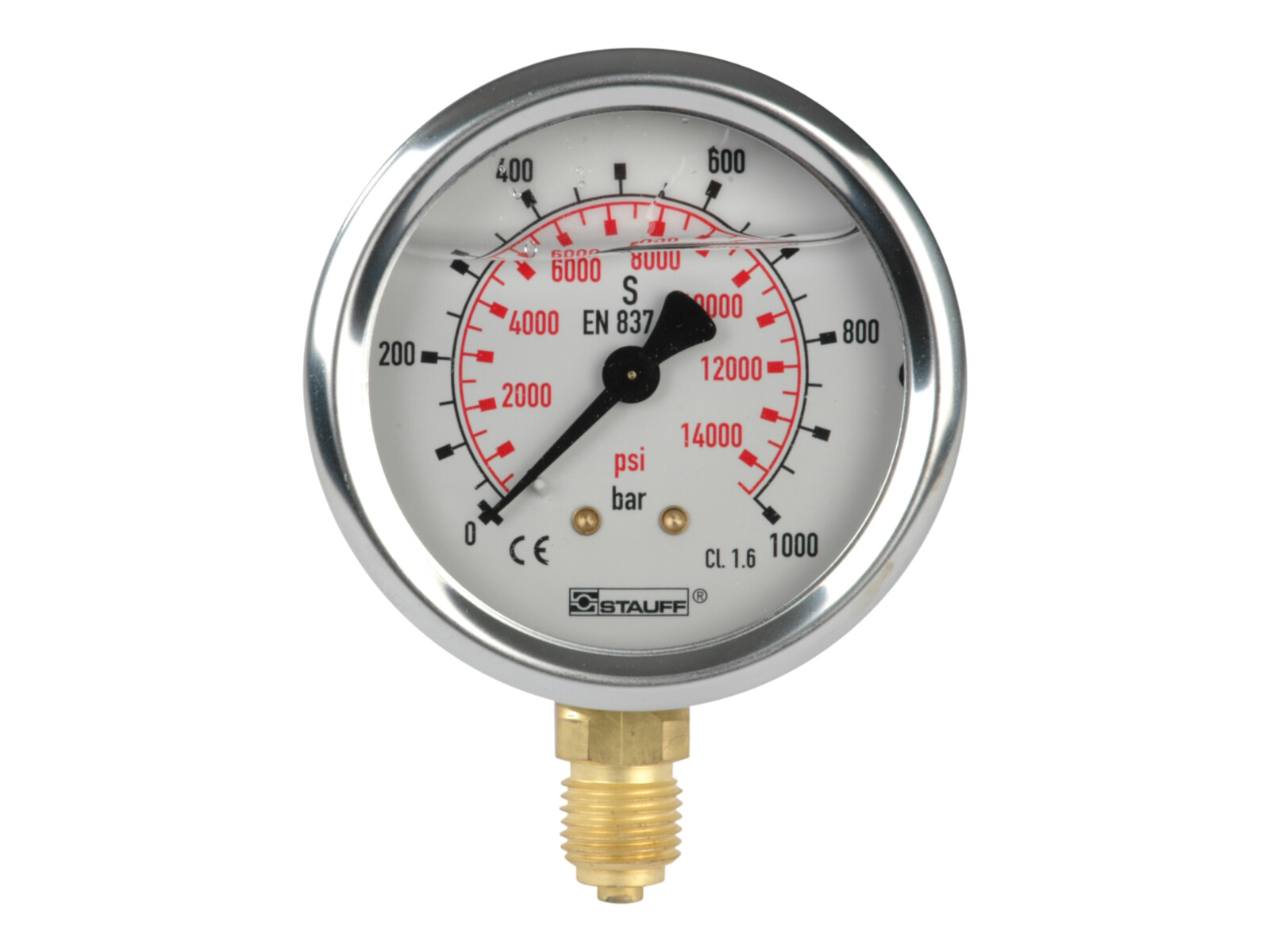 1/4" pressure gauge. Stem mount. Scale 0-1000 bar