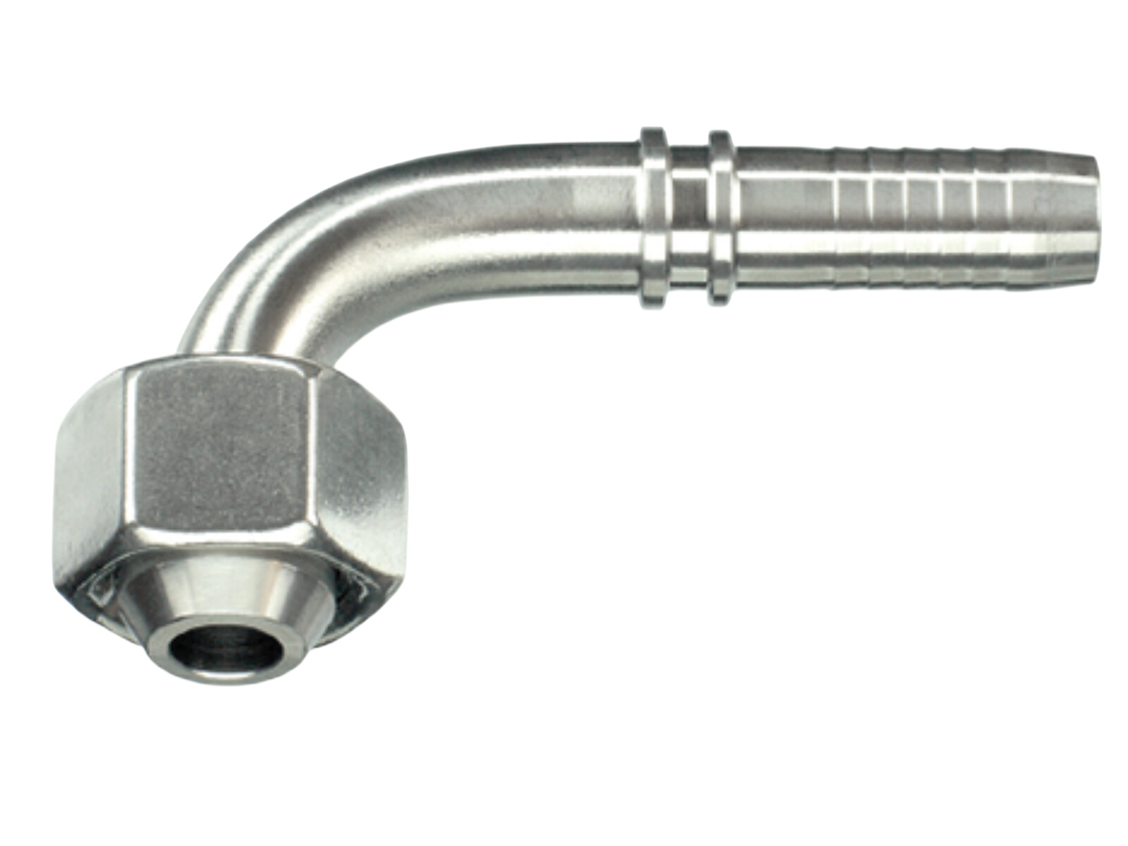 BSP union nut, 60° cone face, 90° elbow stainless